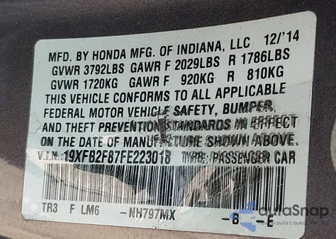 2015 Honda Civic Ex from USA, damaged, VIN 19XFB2F87FE223018